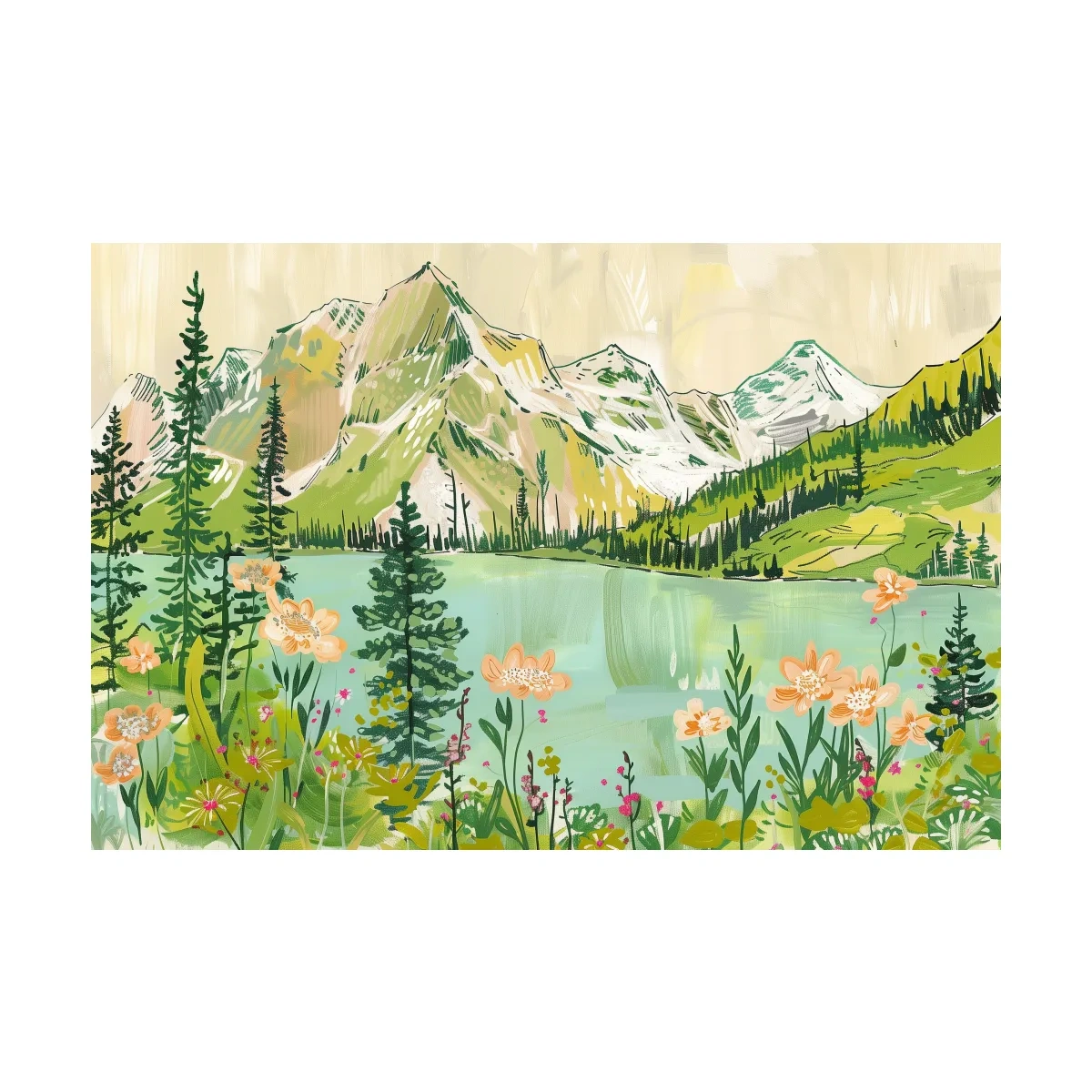 Whimsical Alpine Lake Wildflower Stylized Painting - Mountain Meadows Wall Art