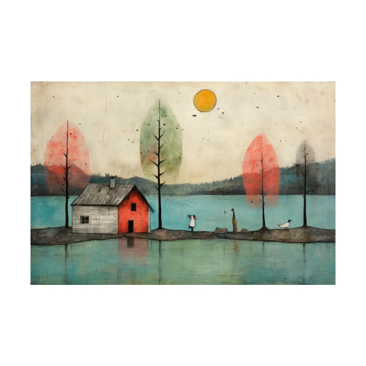 Whimsical Lakeside Cabin Illustration - Rustic Folk Landscape Wall Art