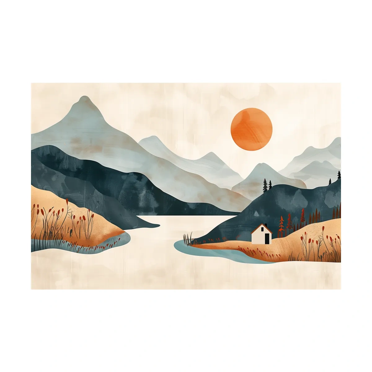 Minimalist Mountain Sunset Lake Cabin Illustration - Modern Scandinavian Wall Art