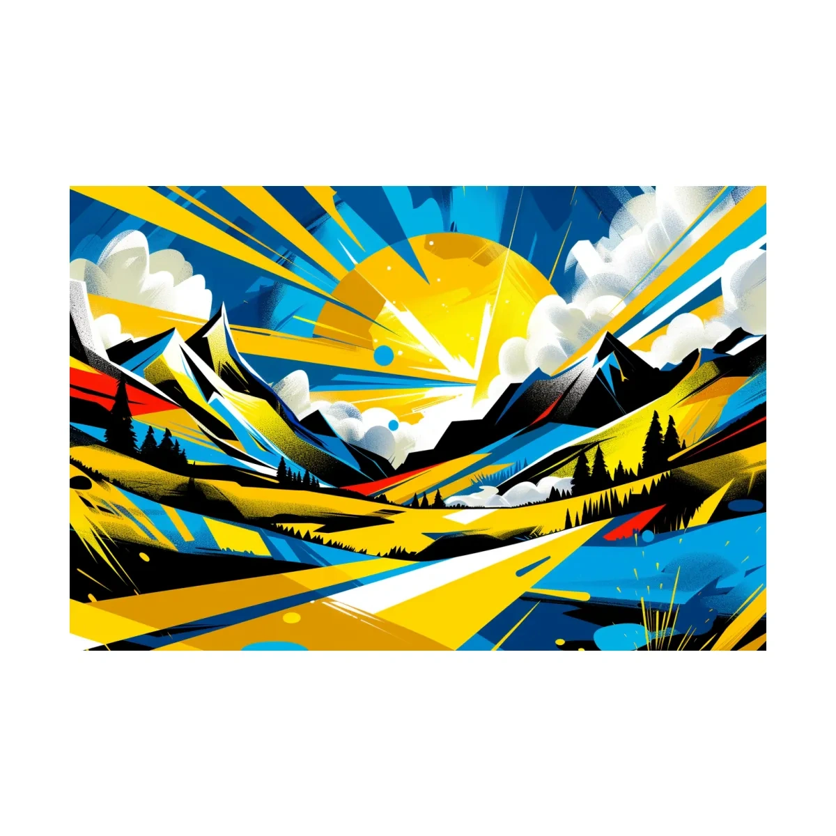 Vibrant Geometric Graffiti Mountain Sunset Landscape - Bold Pop Art Style Wall Art
