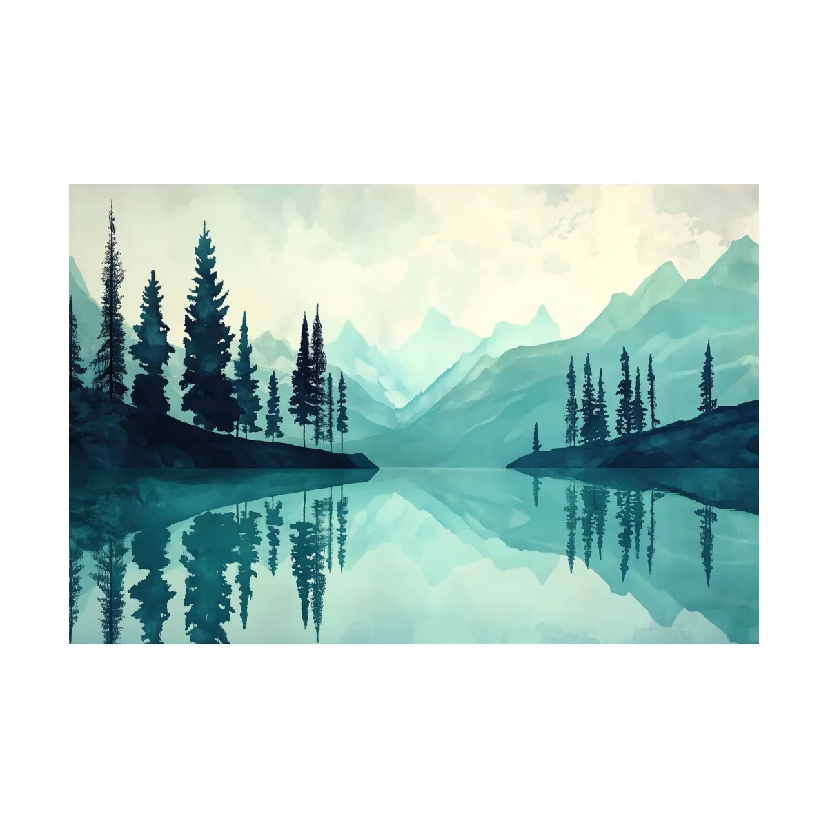 Treelined Alpine Lake Reflection - Watercolor Forest Wall Art
