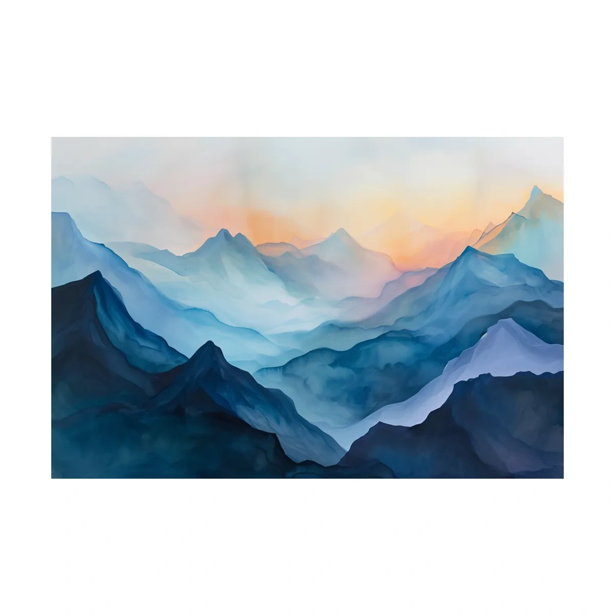 Misty Sunrise Watercolor Mountain Range - Serene Abstract Landscape Wall Art