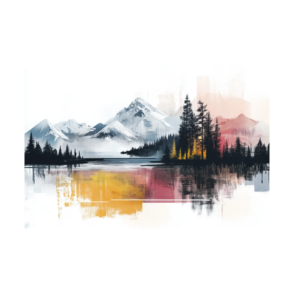 Abstract Misty Mountain Lake Painting - Modern Watercolor Pine Forest Art