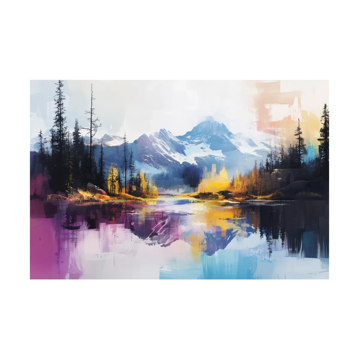 Vibrant Abstract Mountain Lake Reflection Painting - Colorful Modern Landscape Wall Art
