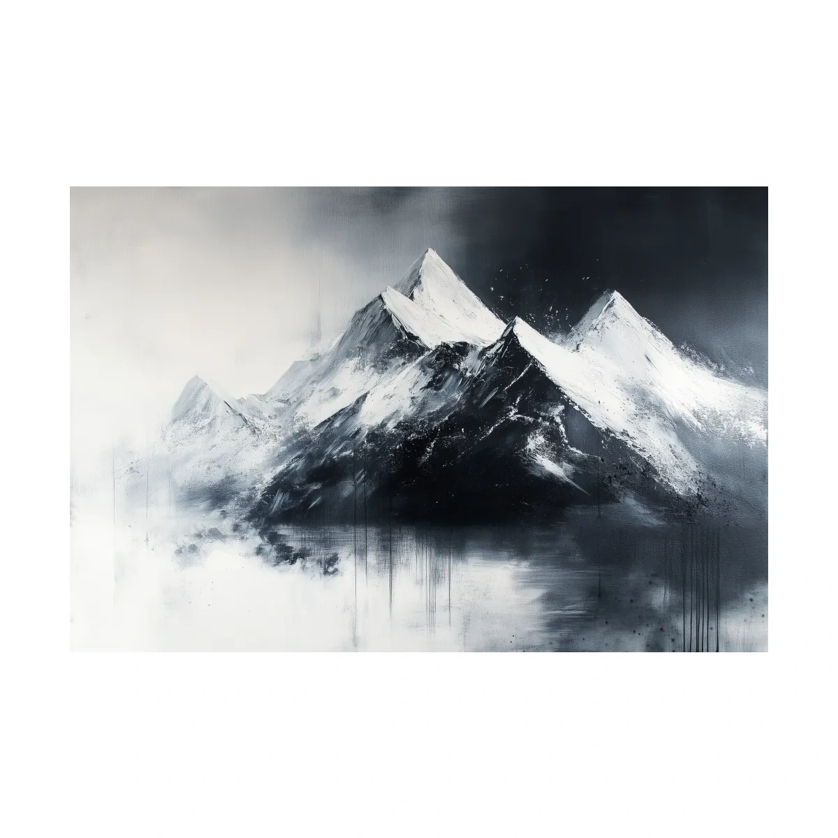 Moody Monochrome Snowcapped Mountain Peaks Painting - Modern Minimalist Wall Art