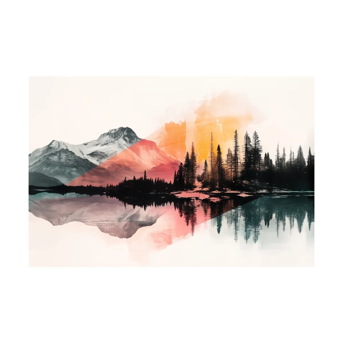 Abstract Alpine Lake Reflection Painting - Modern Watercolor Forest Landscape Wall Art