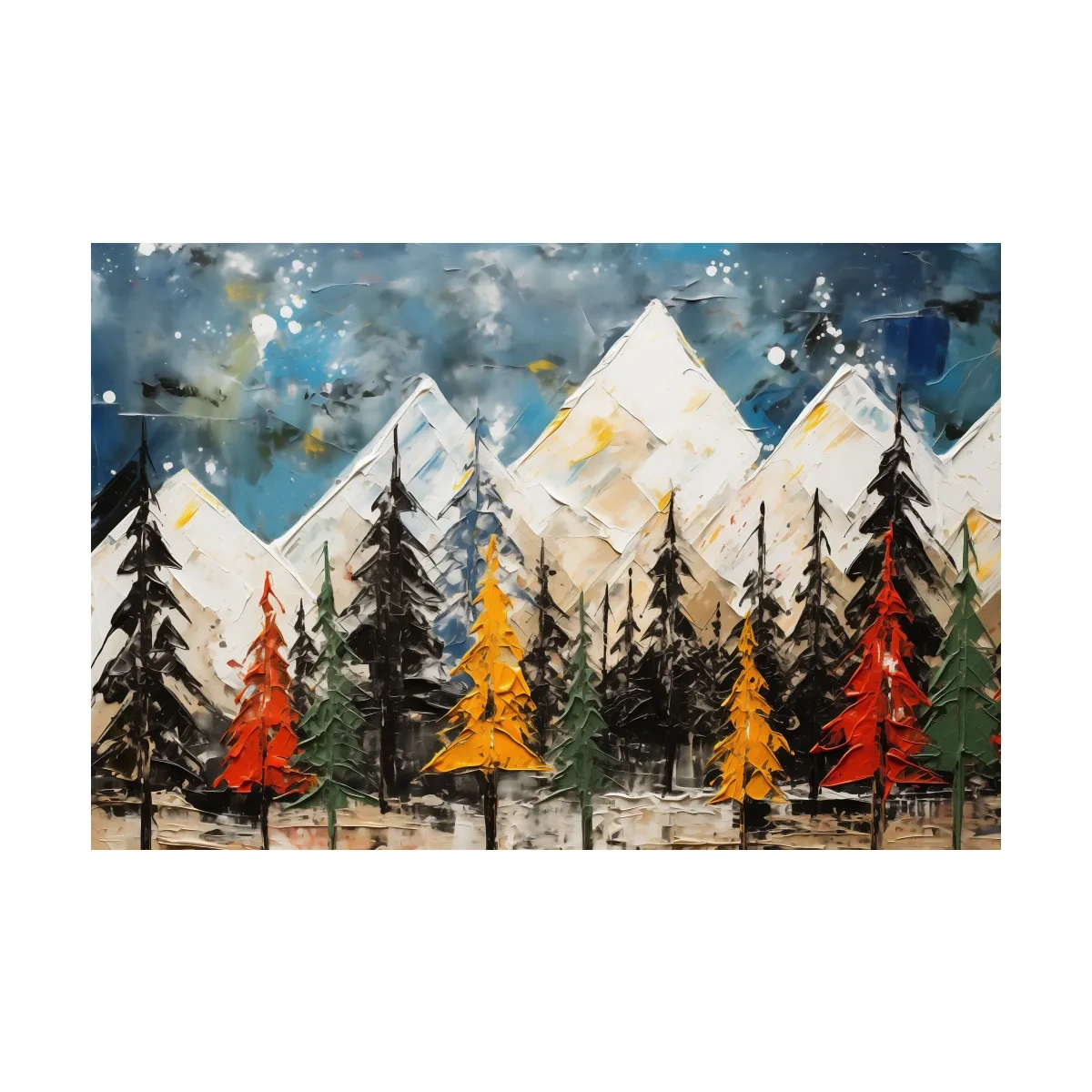 Textured Abstract Oil Painting Style Mountain Forest - Colorful Autumn Pines Landscape Wall Art