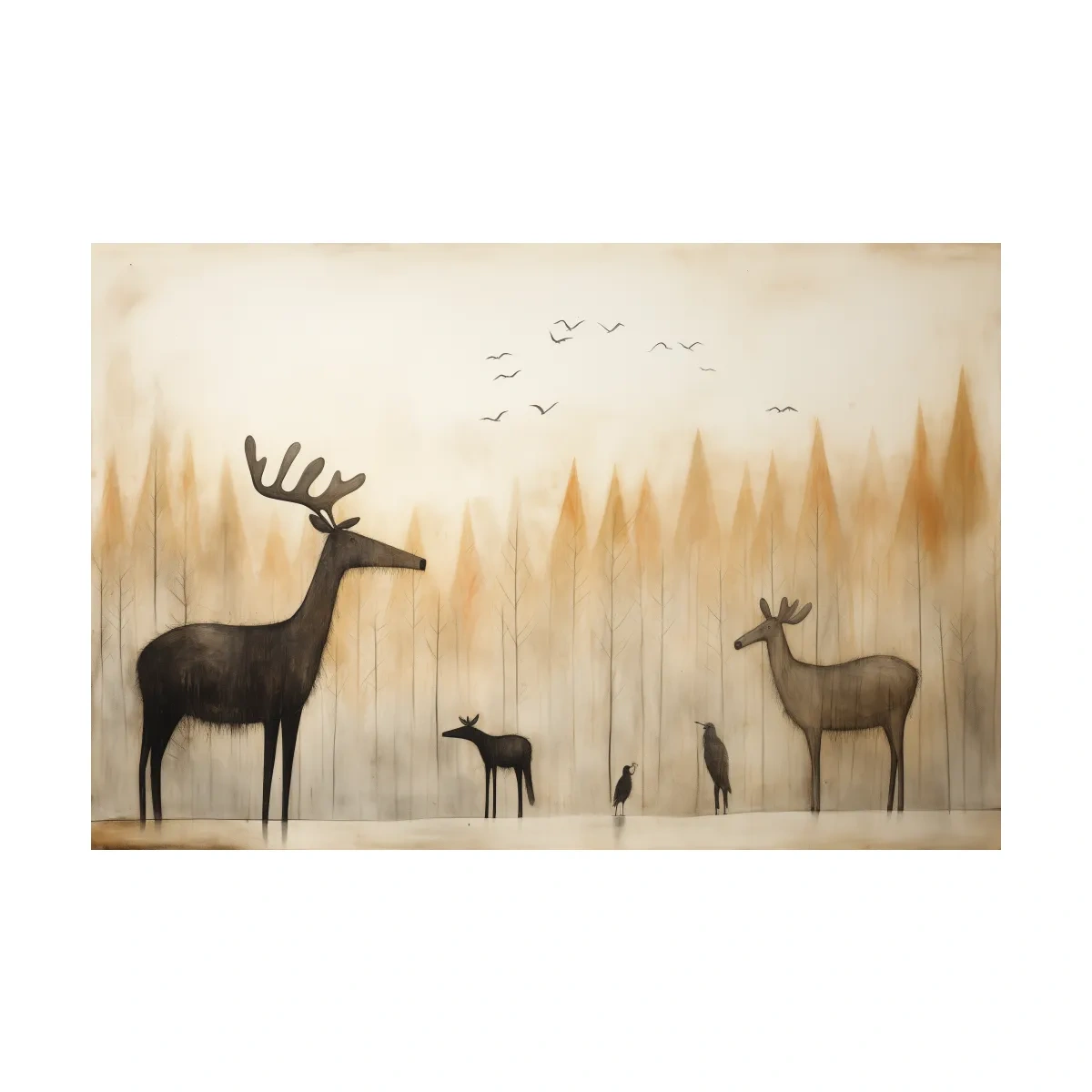 Minimalist Woodland Deer Family Illustration - Scandinavian Nursery Forest Wall Art