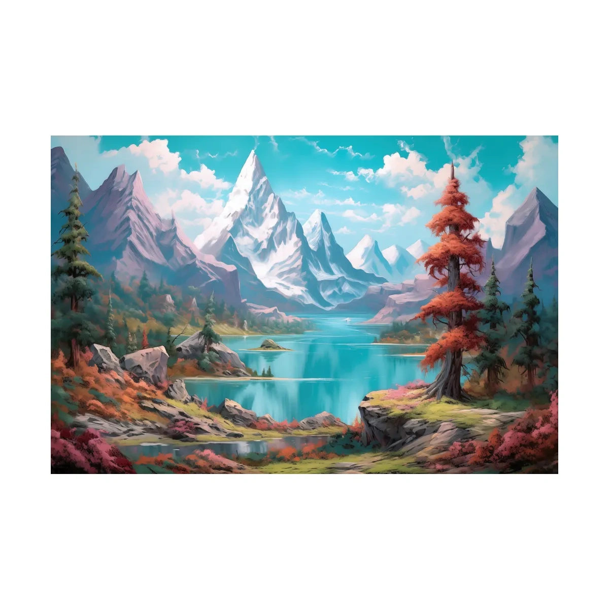 Vibrant Fantasy Alpine Lake Mountains - Surreal Colorful Artwork