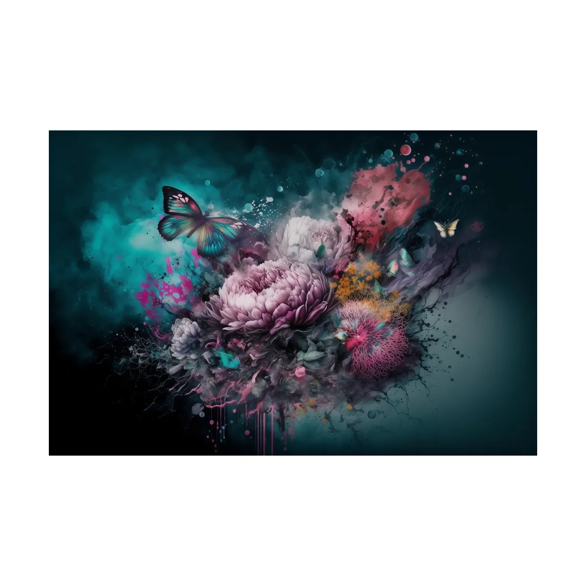 Surreal Floral Butterfly Explosion Painting - Vibrant Botanical Wall Art