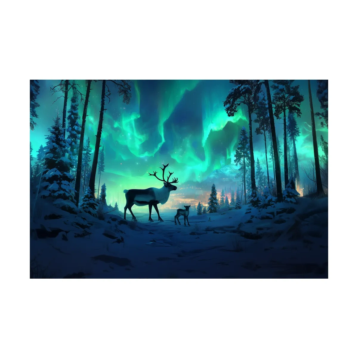 Caribou Buck Under Aurora Borealis Winter Scene - Fantasy Northern Lights Forest Wall Art