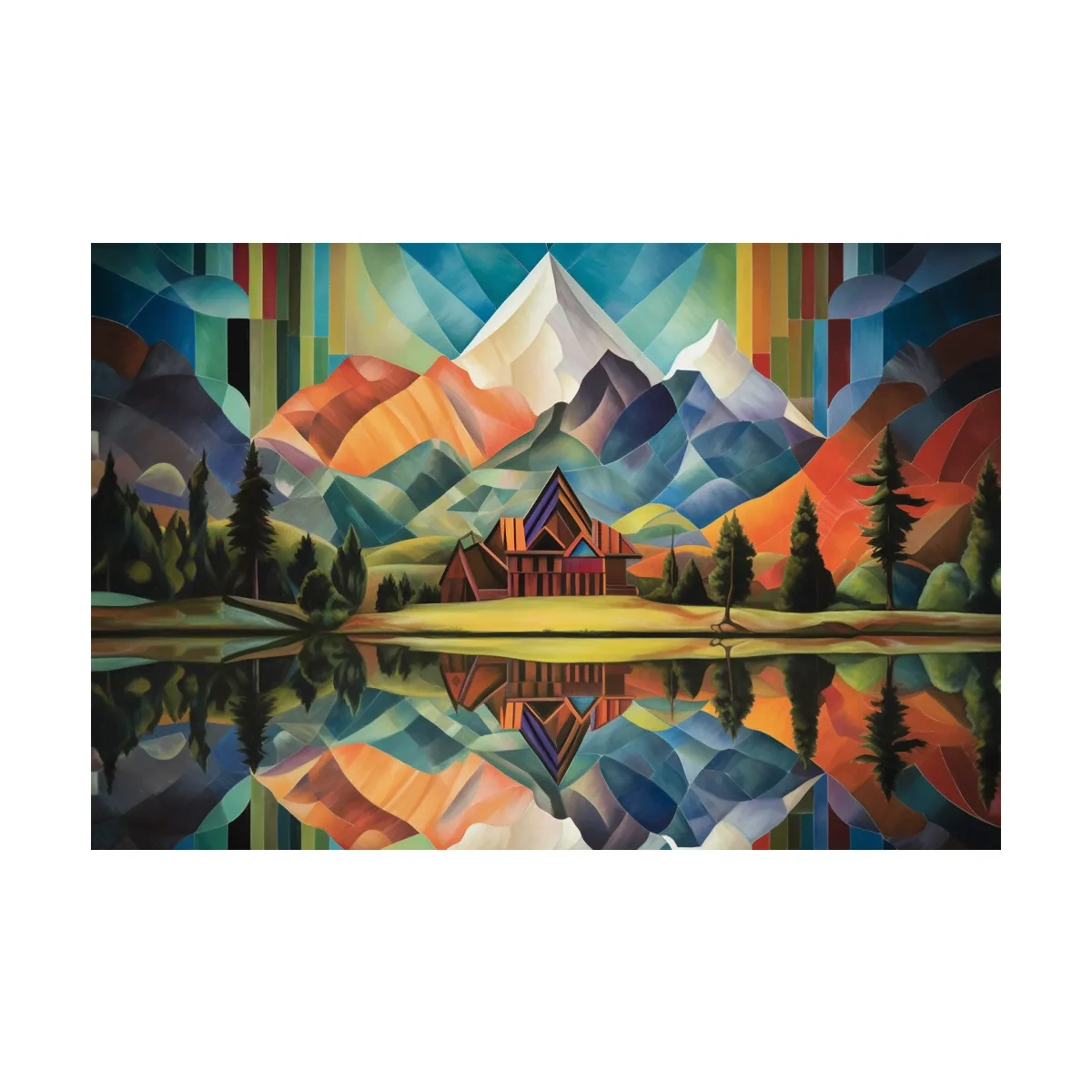 Vibrant Geometric Mountain Cabin Lake Reflection - Colorful Abstract Landscape Wall Art