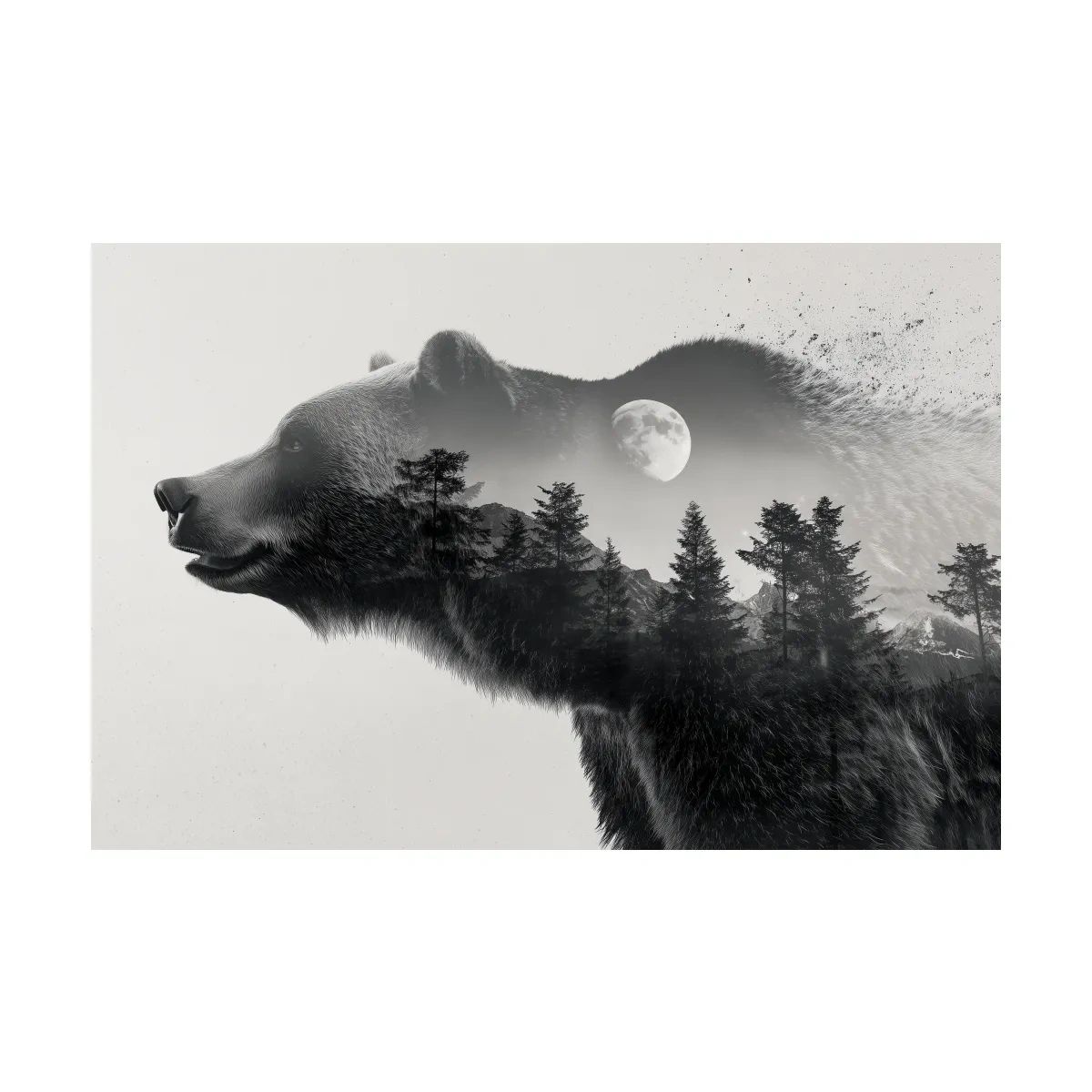Black And White Grizzly Bear Double Exposure - Moonlit Pine Forest Mountain Wall Art