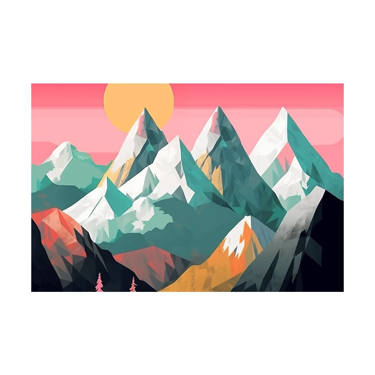 Alpine Mountains Sunrise Illustration - Colorful Landscape Wall Art