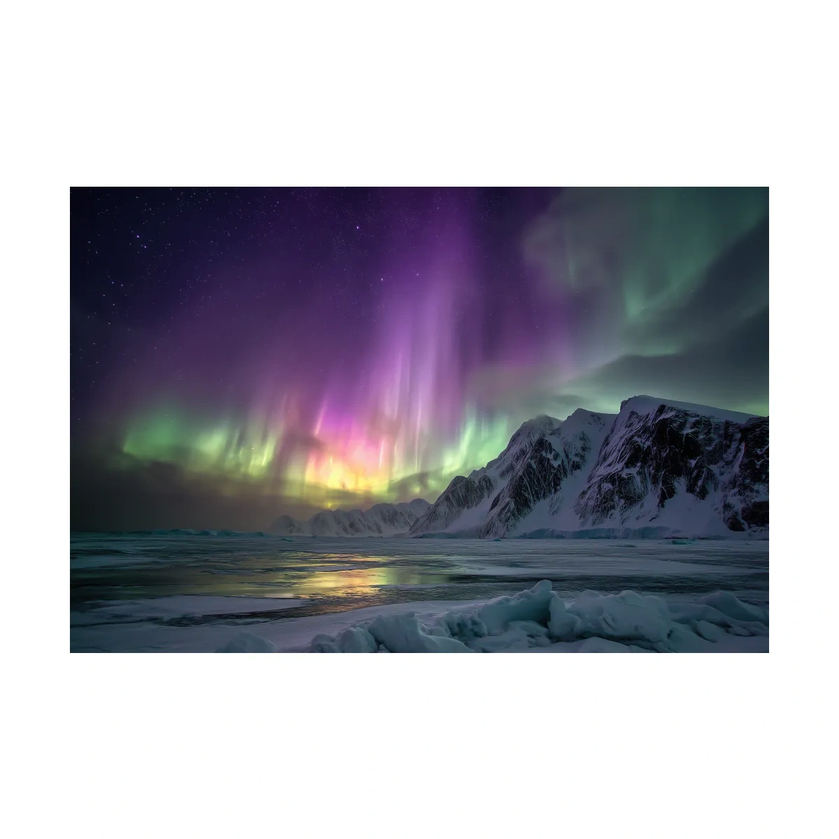 Vibrant Northern Lights Over Snowy Mountains - Aurora Borealis Photographic Night Sky Wall Art