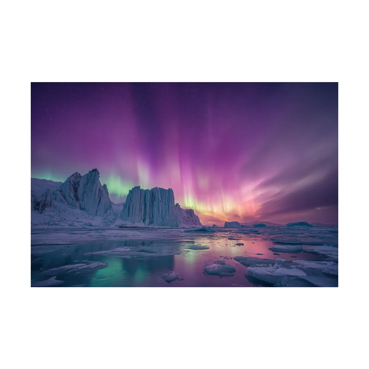 Vibrant Purple Northern Lights Over Arctic Icebergs - Aurora Borealis Landscape Wall Art