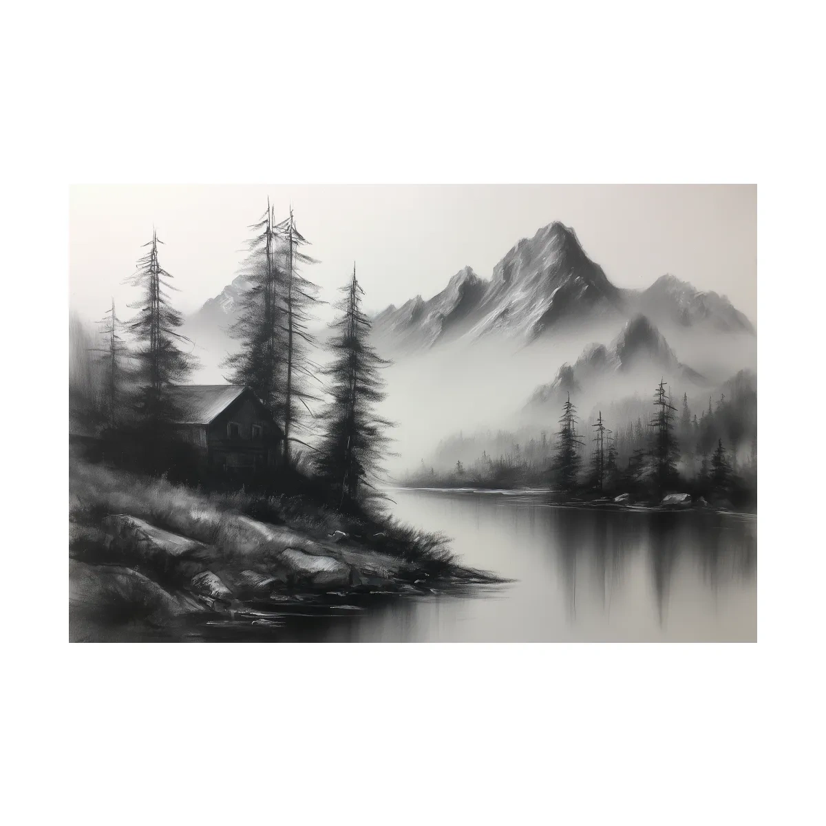 Moody Monochrome Alpine Lake Cabin - Charcoal Mountain Sketch Style Wall Art