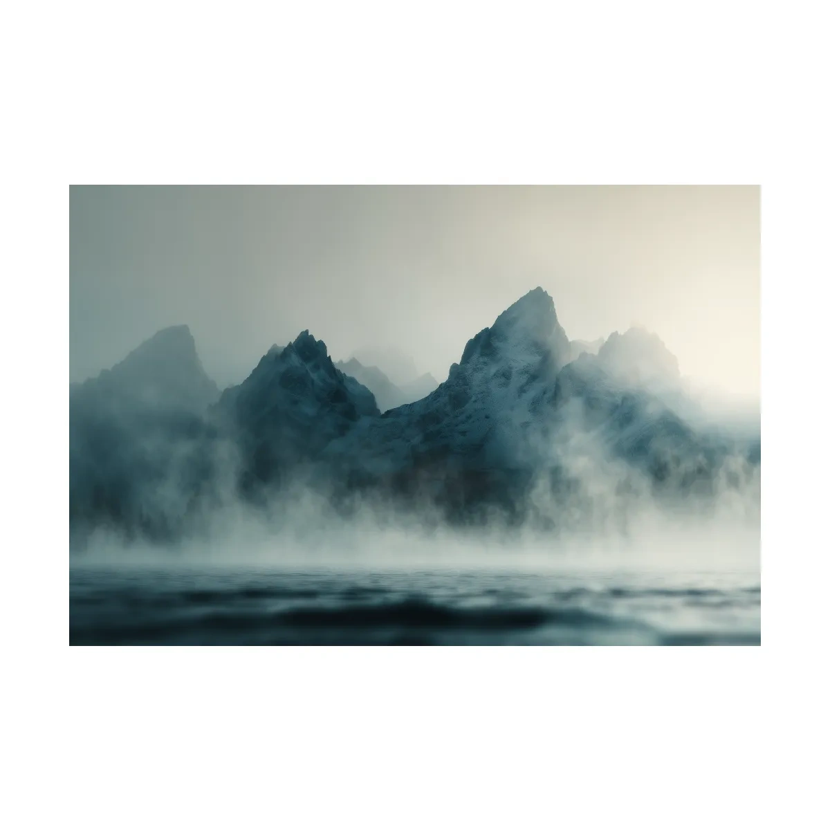 Moody Misty Mountain Peaks Over Water - Atmospheric Monochrome Landscape Wall Art
