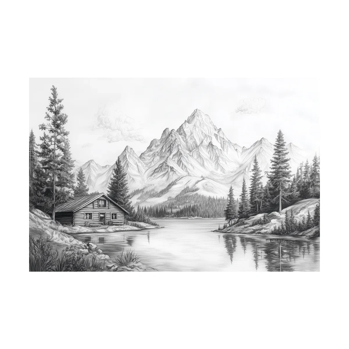 Vintage Pencil Sketch Alpine Lake Cabin - Black And White Mountain Landscape Wall Art