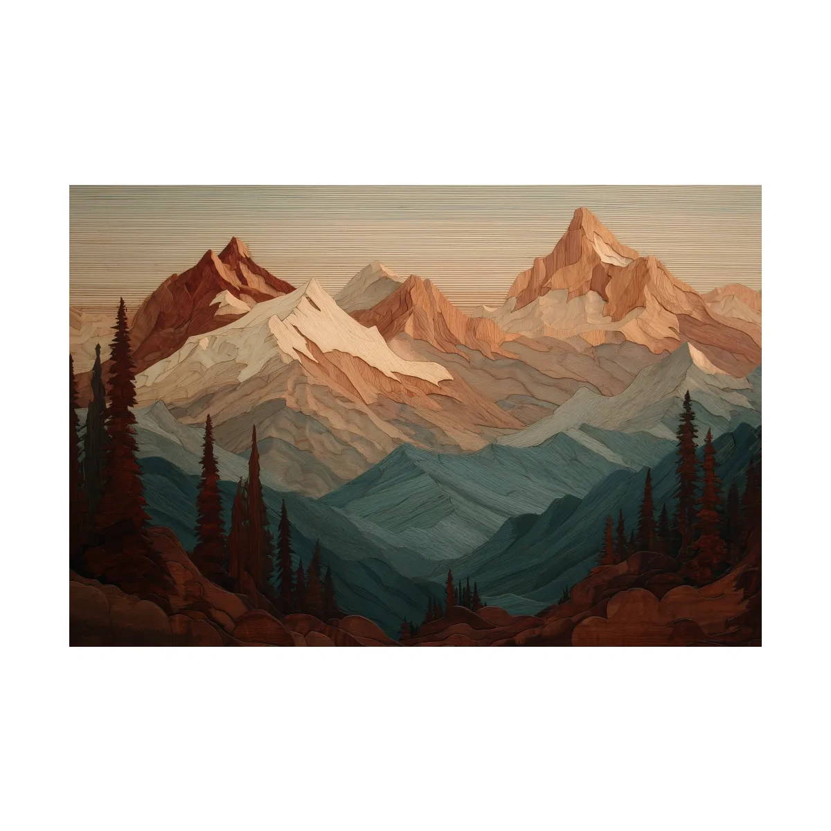 Layered Wood Alpine Mountain Range - Textured Topographic Landscape Wall Art
