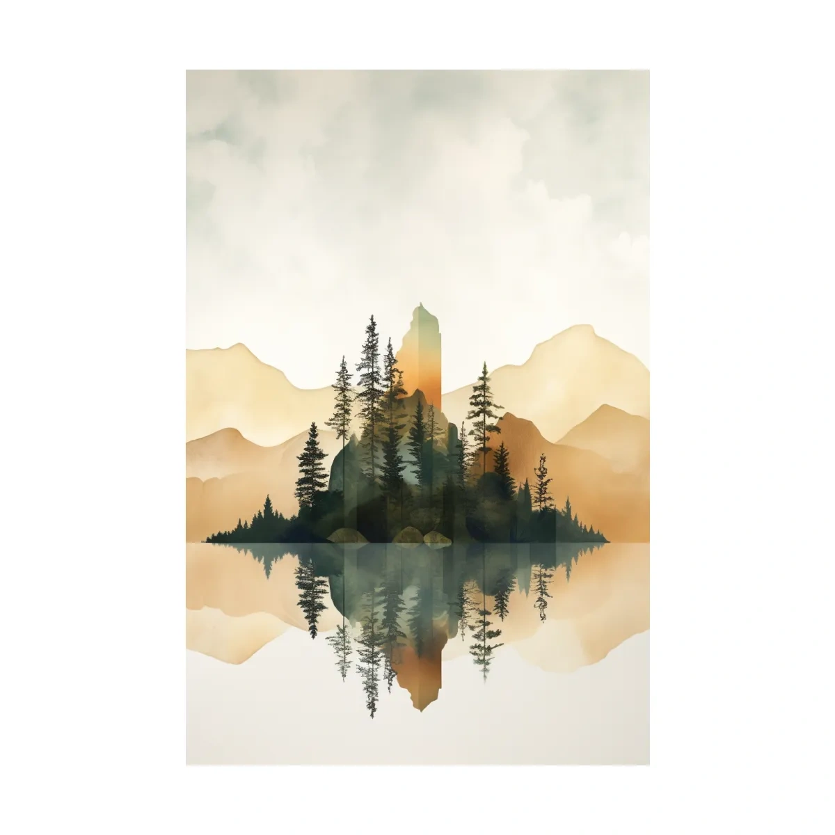 Alpine Mountain Lake Reflection Watercolor - Serene Pine Forest Wall Art