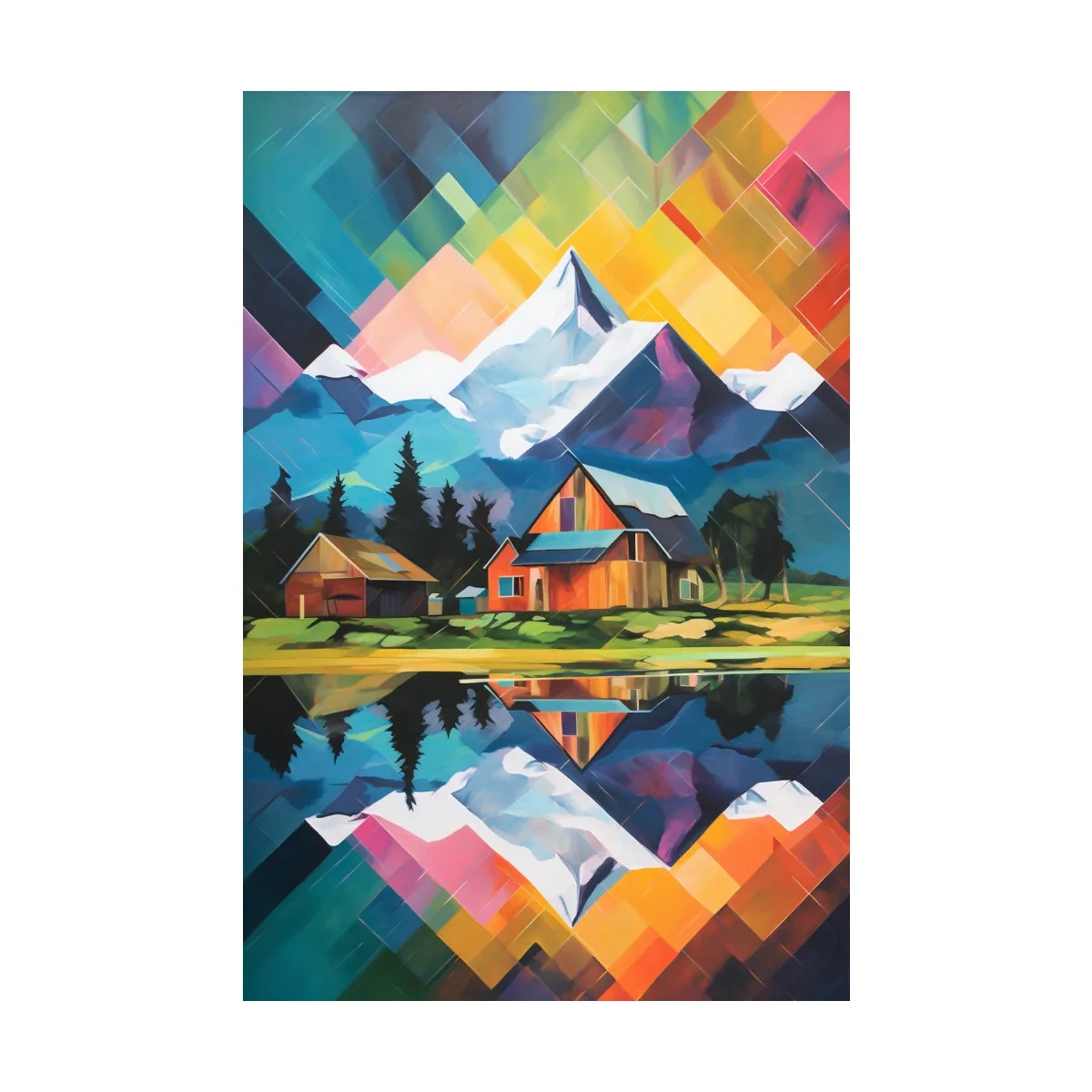 Vibrant Geometric Mountain Cabin Painting - Colorful Abstract Alpine Wall Art