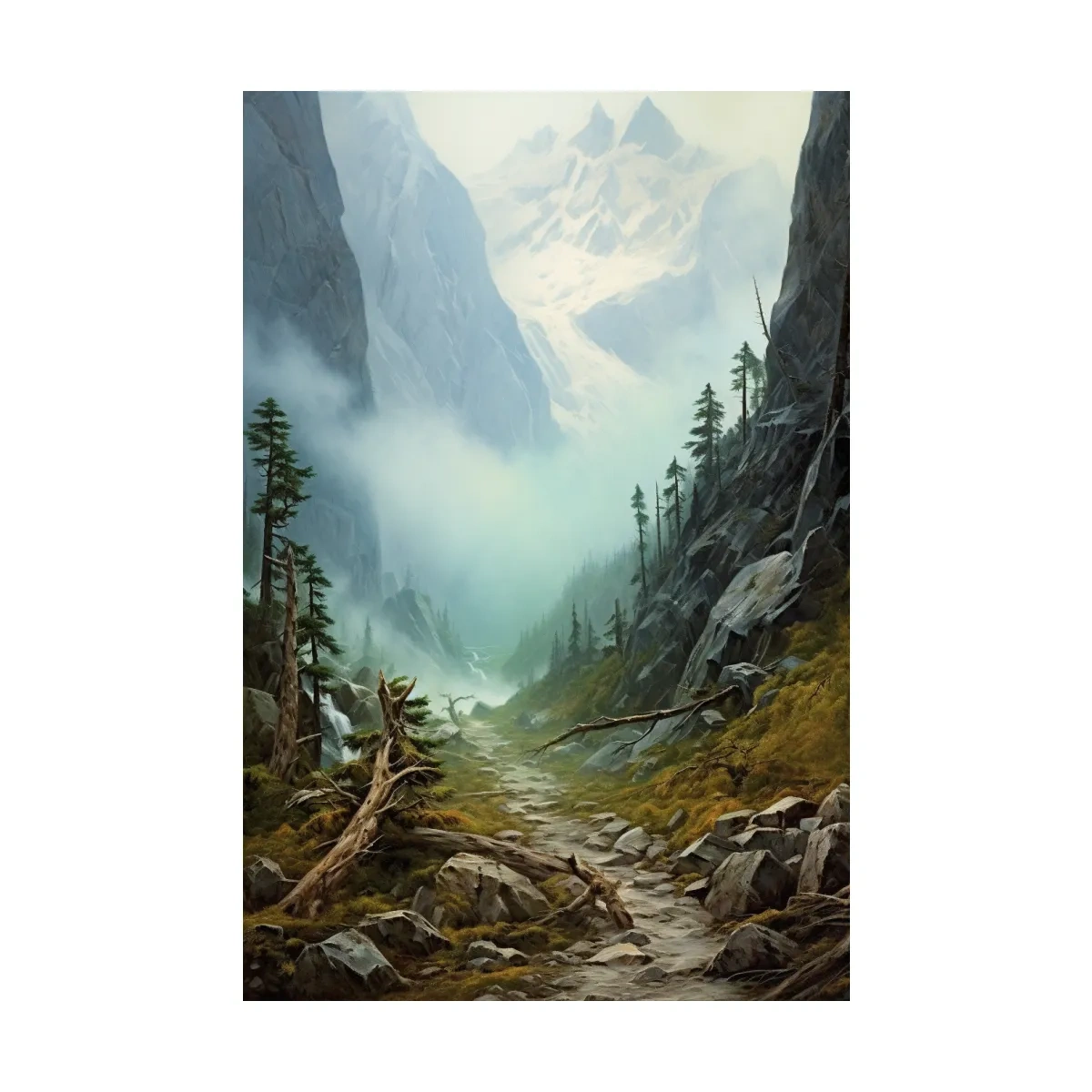 Misty Alpine Mountain Valley Painting - Foggy Pine Forest Wall Art