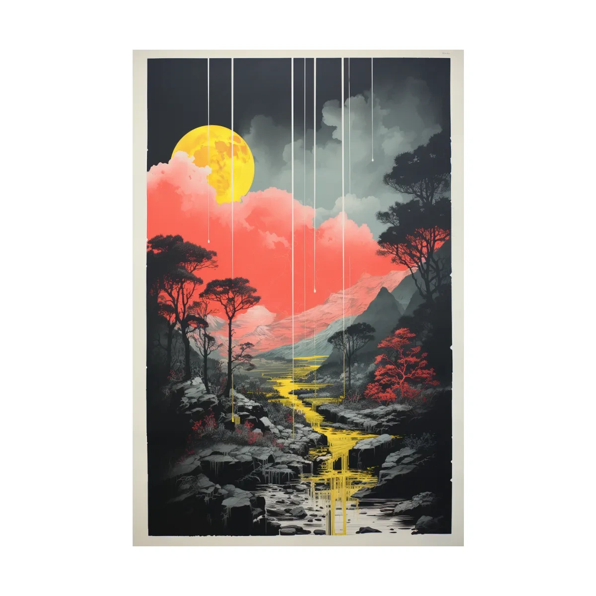 Surreal Moonlit Mountain River Landscape - Fantasy Nature Wall Art