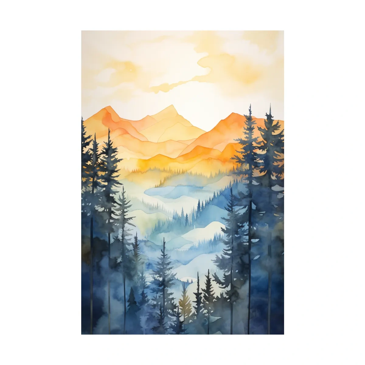 Golden Watercolor Mountain Sunrise Painting - Misty Alpine Forest Artwork