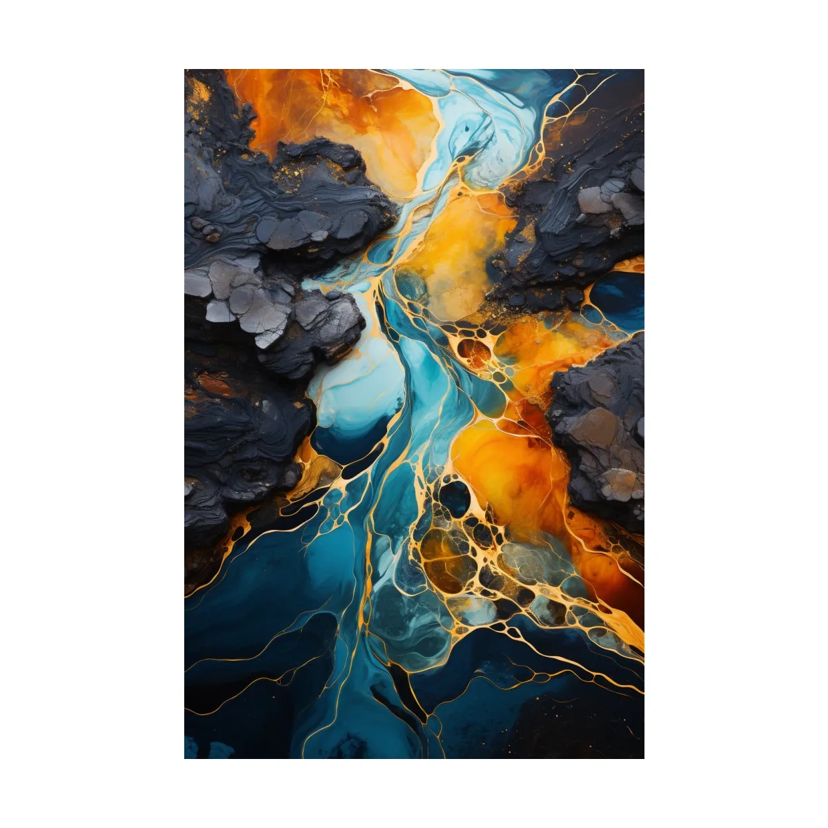 Elegant Gold And Teal Abstract Flowinf River - Alcohol Ink Style Wall Art