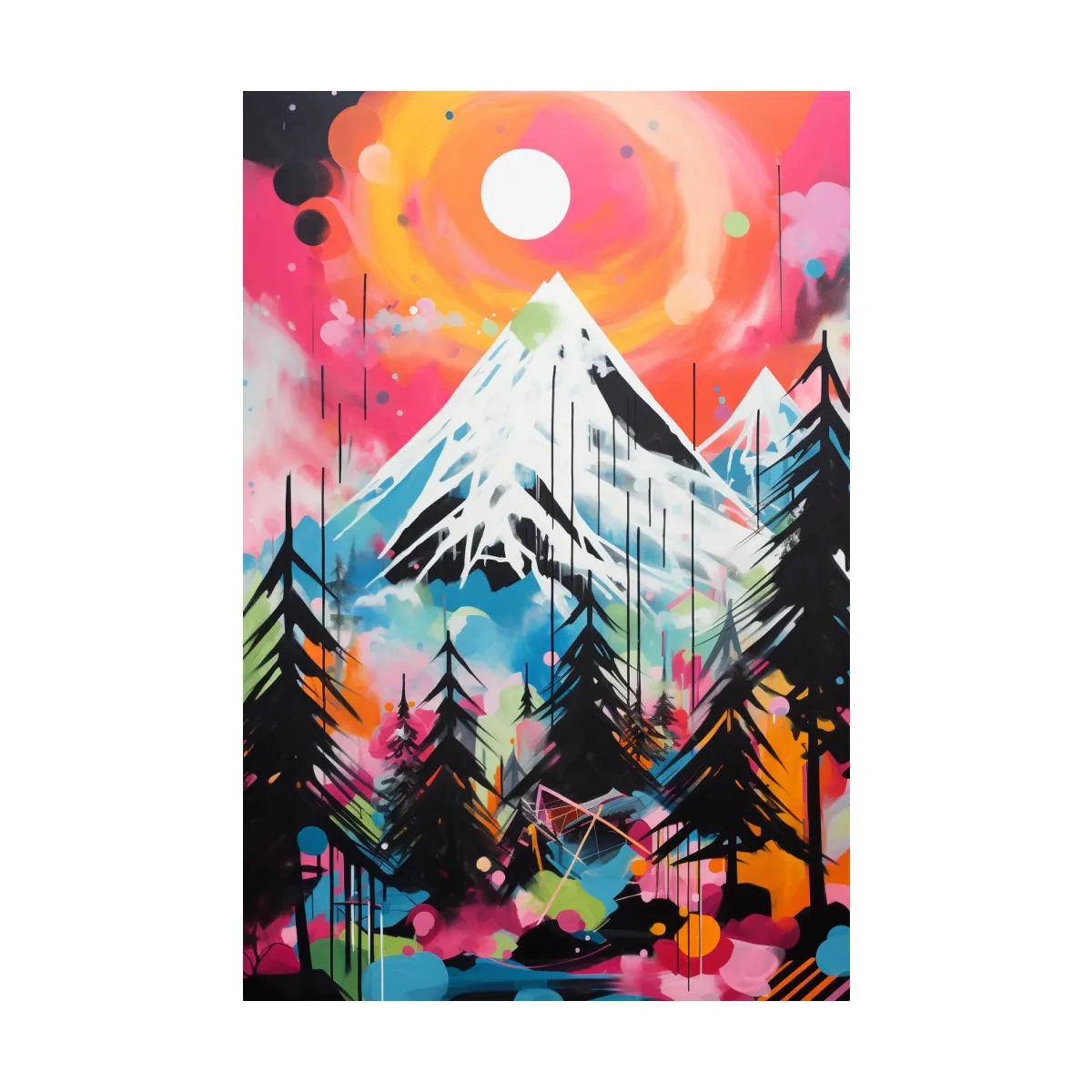 Vibrant Abstract Neon Mountain Glacier Sunset Painting - Colorful Alpine Wall Art