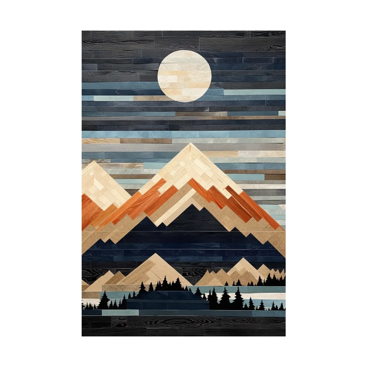 Geometric Wood Mosaic Mountain Range Under Full Moon - Modern Rustic Landscape Wall Art