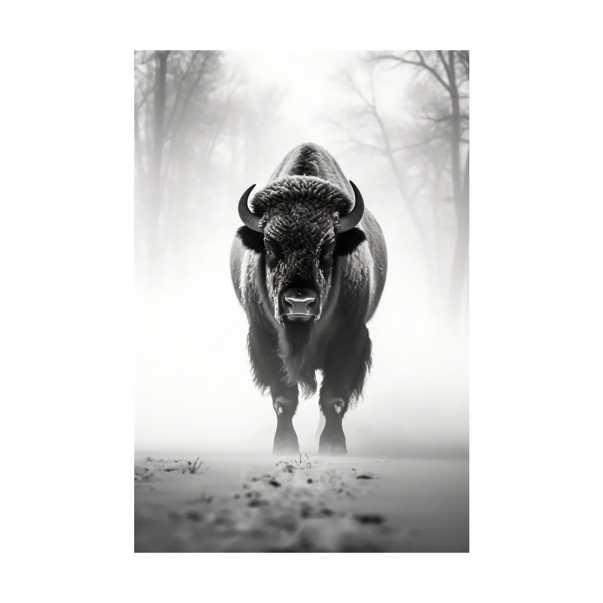 Moody Black And White Bison Portrait - Foggy Winter Wildlife Wall Art