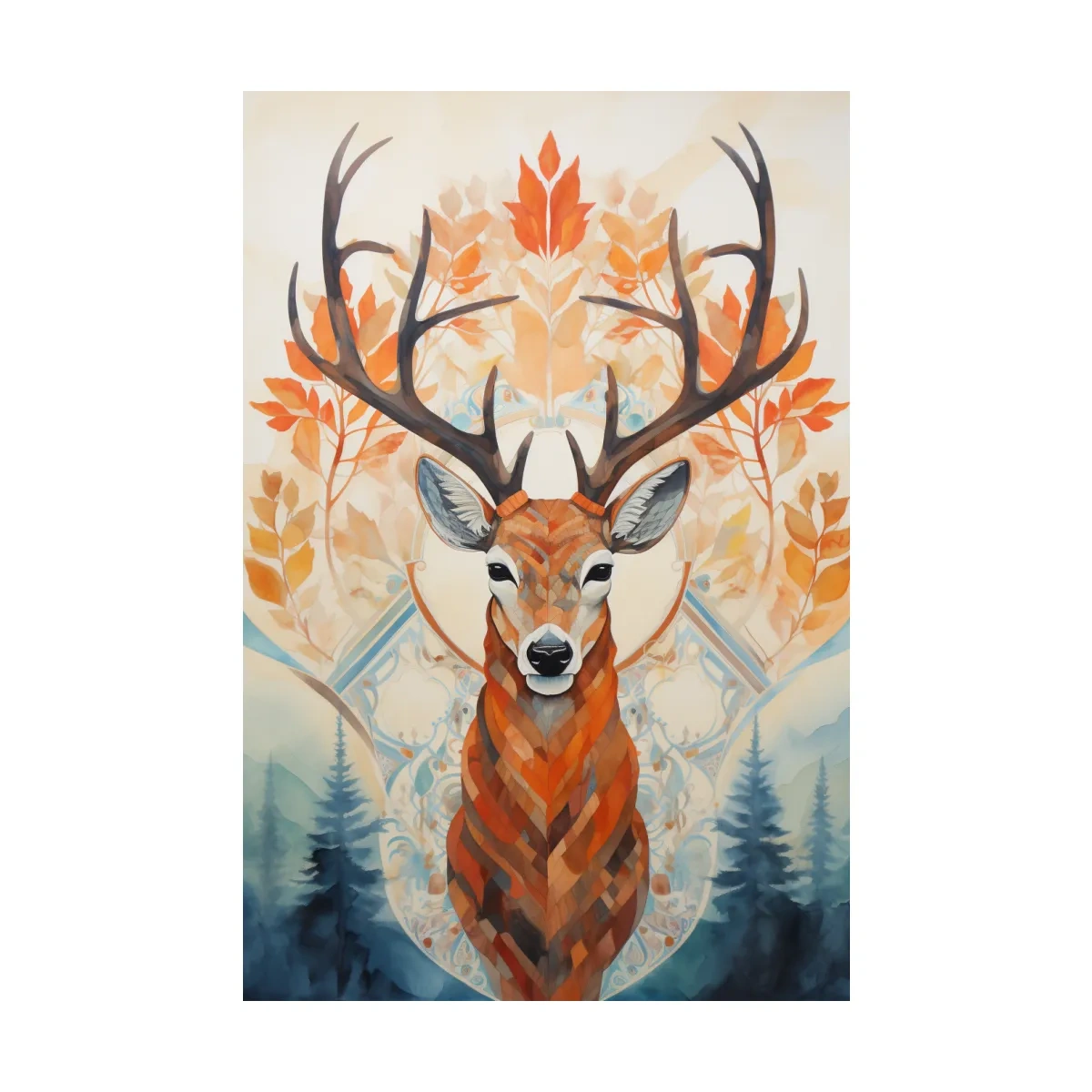 Ornate Stag Deer Watercolor Portrait - Autumn Woodland Wildlife Wall Art