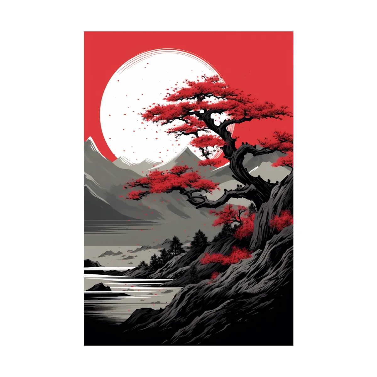 Japanese Ink Landscape With Bonsai Tree - Zen Mountain Wall Art
