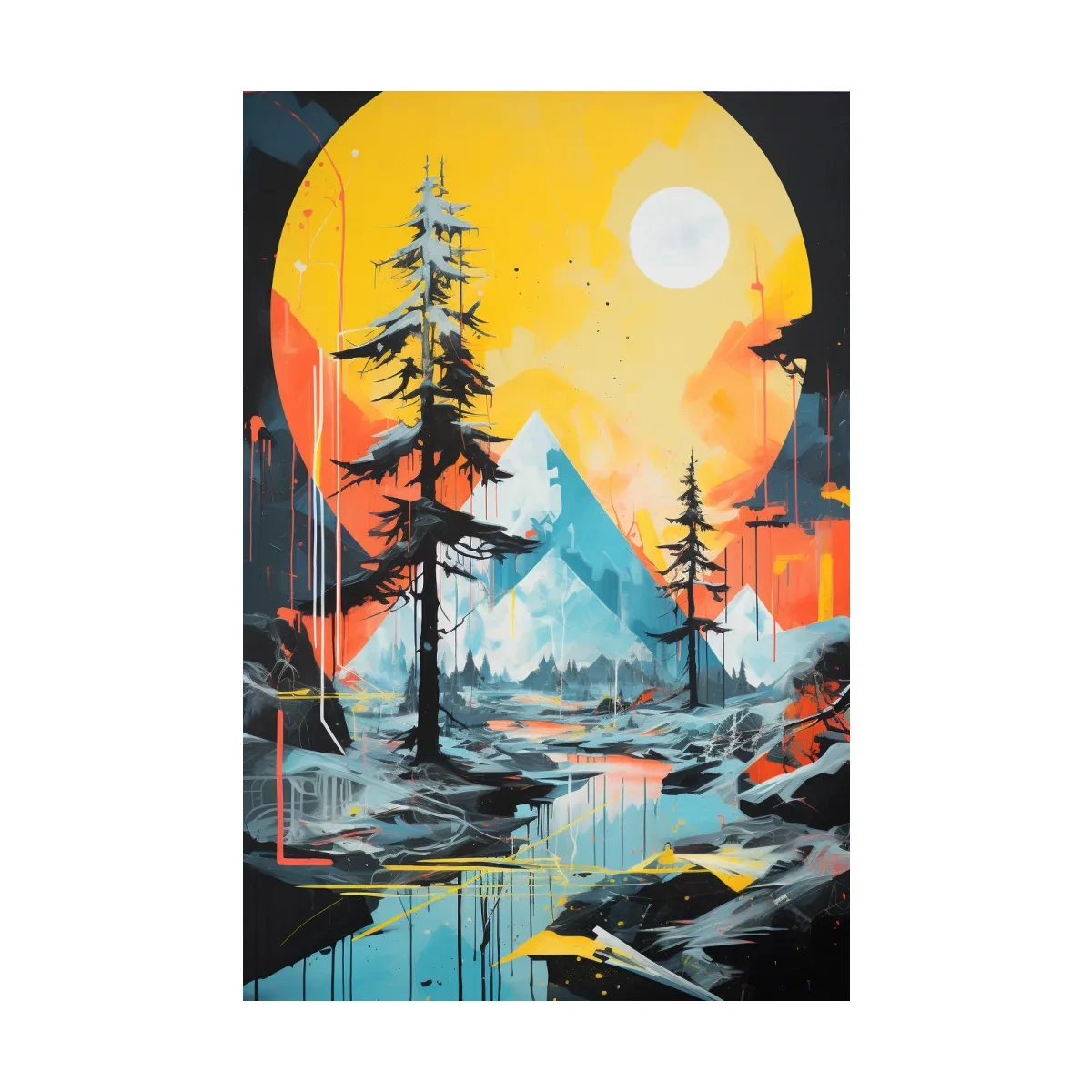 Vibrant Abstract Mountain Lake Sunset Painting - Modern Geometric Pine Forest Wall Art