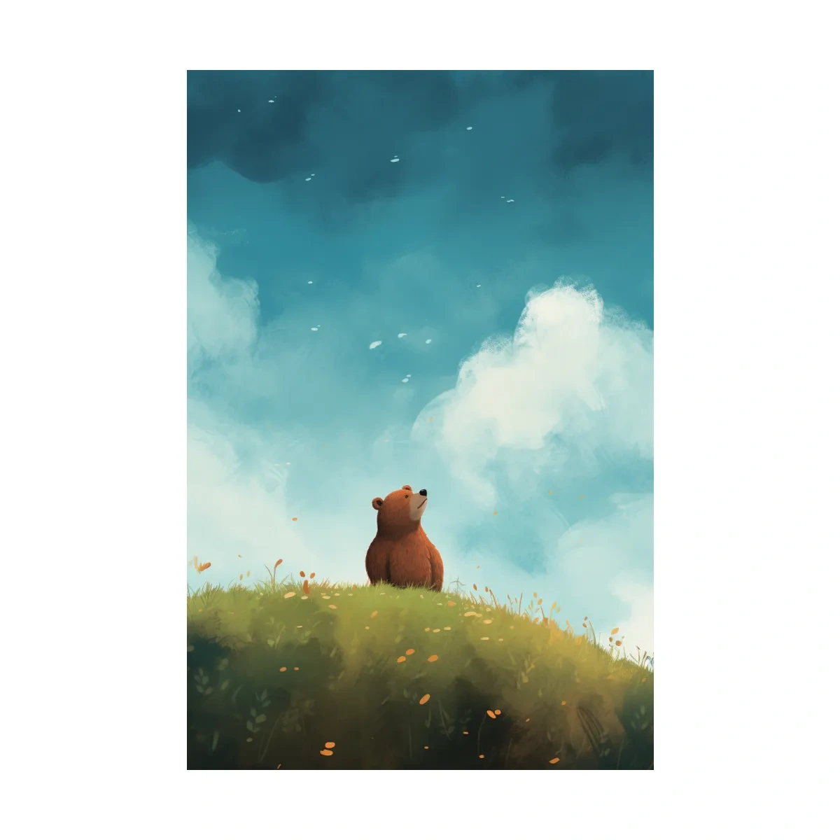 Whimsical Bear Cub Meadow Illustration - Cute Woodland Nursery Wall Art