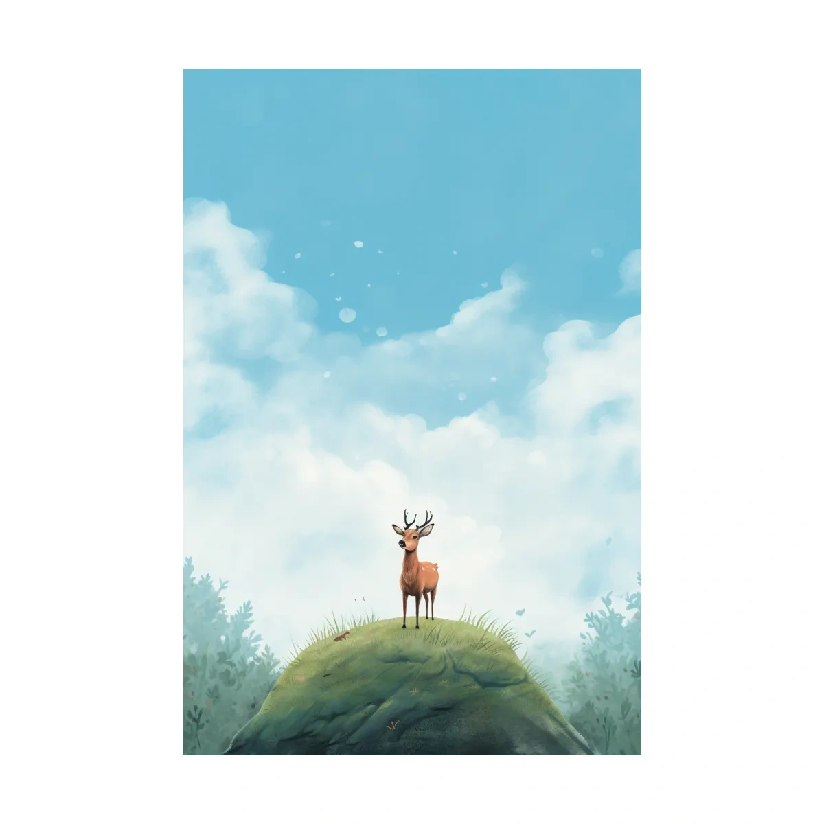 Whimsical Watercolor Deer on Grassy Hill - Serene Woodland Nursery Wall Art