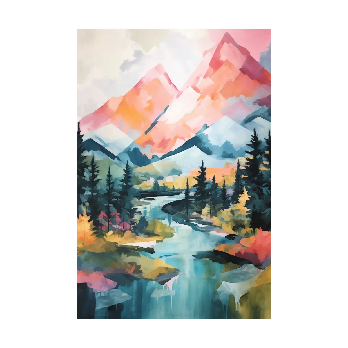 Vibrant Mountain River Landscape Painting - Colorful Alpine Forest Wall Art