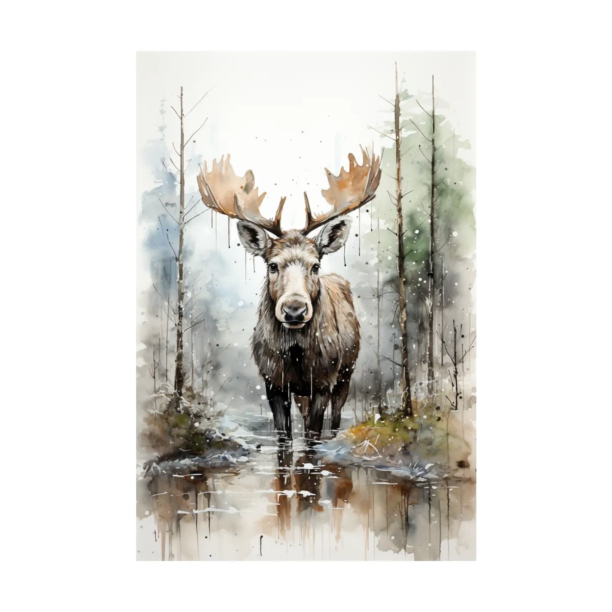 Watercolor Moose In Misty Forest - Rustic Woodland Wildlife Painting Wall Art