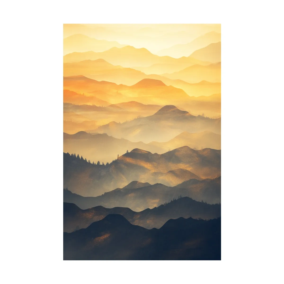 Golden Misty Mountain Ranges Landscape - Serene Layered Sunrise Artwork