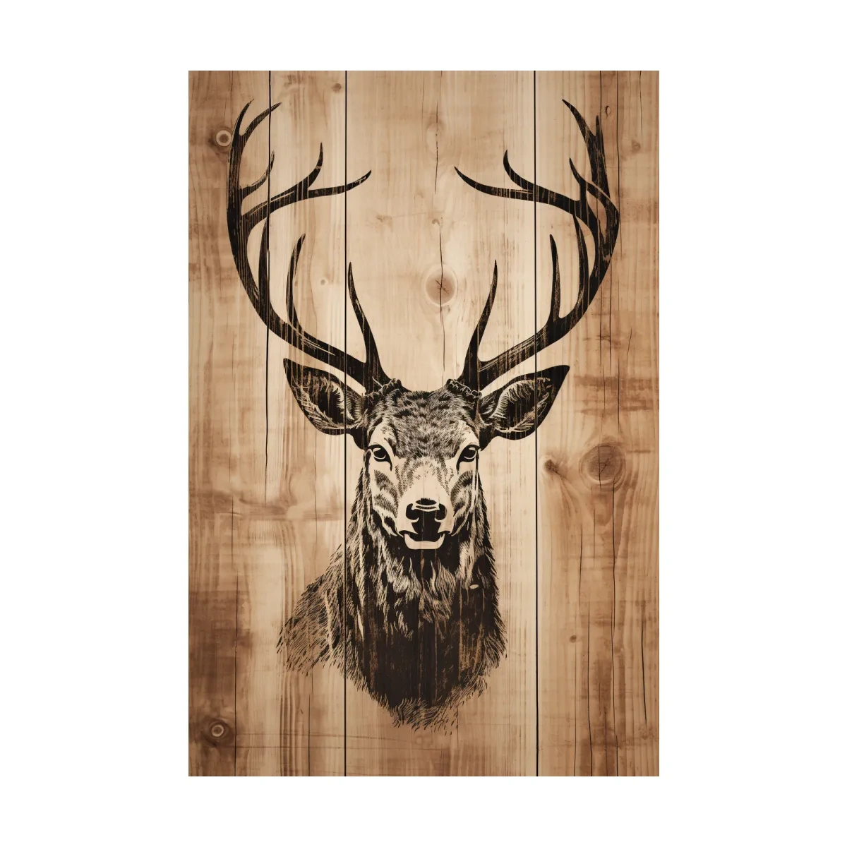 Rustic Deer Head Woodburn Style Portrait - Lodge Cabin Wildlife Wall Art