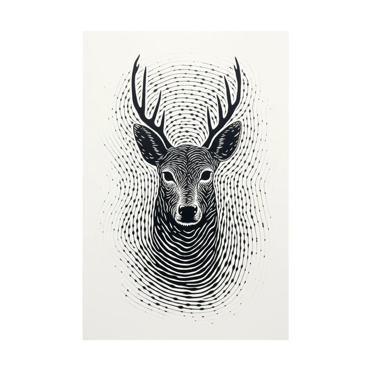 Psychedelic Deer Head Fingerprint Line Art - Black And White Wildlife Wall Art