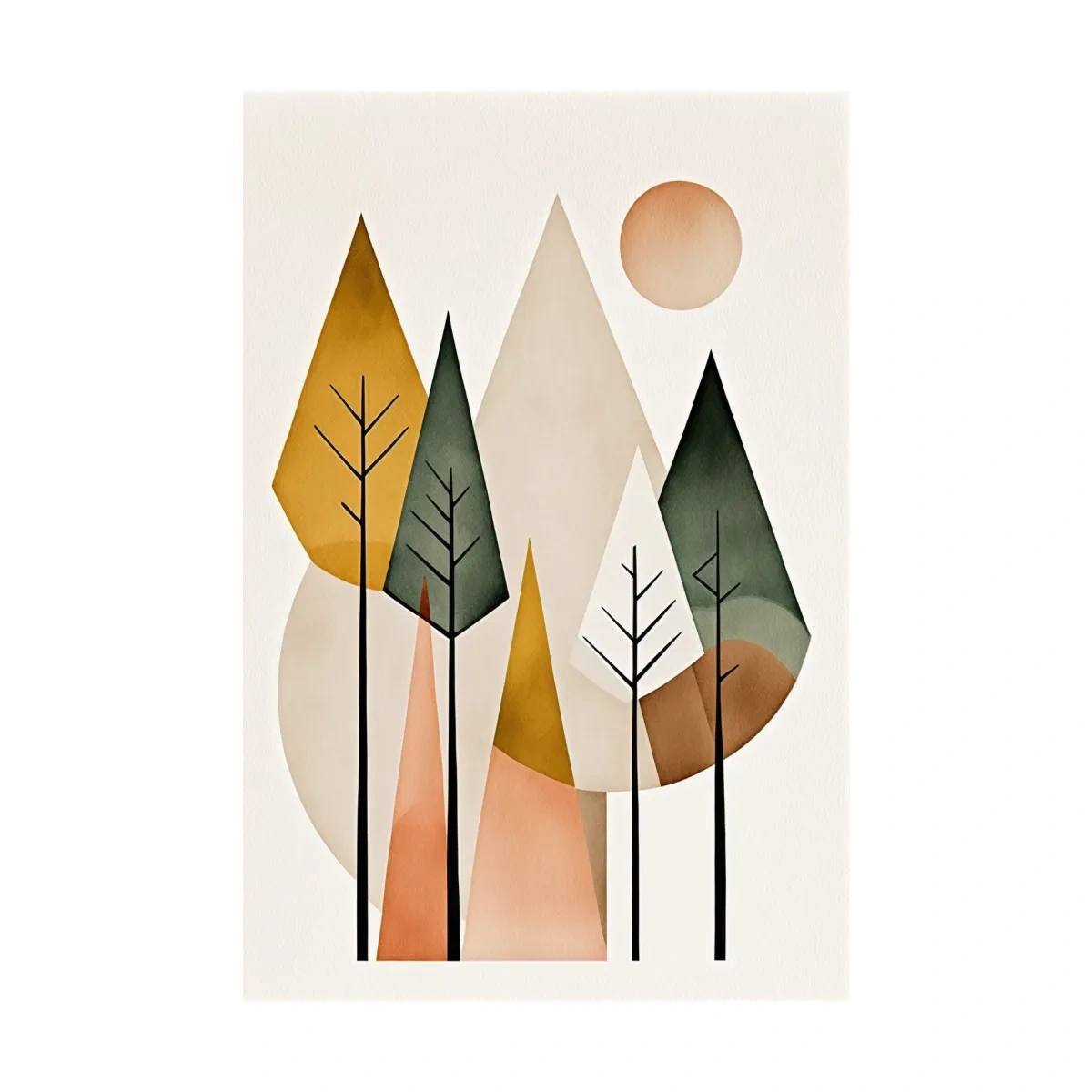 Minimalist Geometric Mountain Forest Artwork - Scandinavian Boho Wall Art