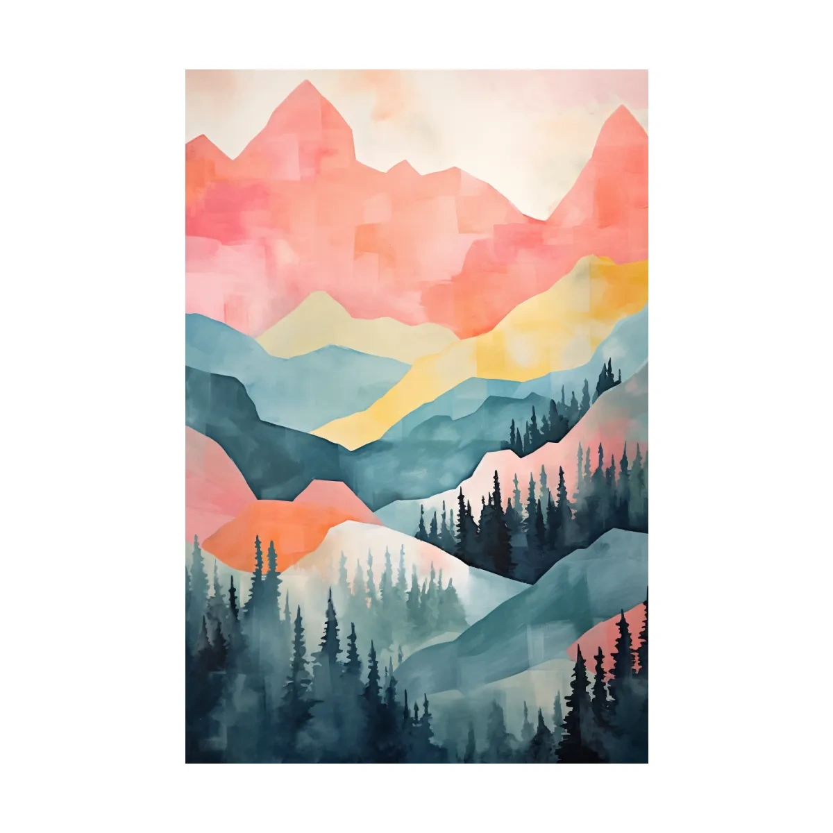 Abstract Watercolor Mountain Sunrise Landscape - Pastel Alpine Forest Wall Art
