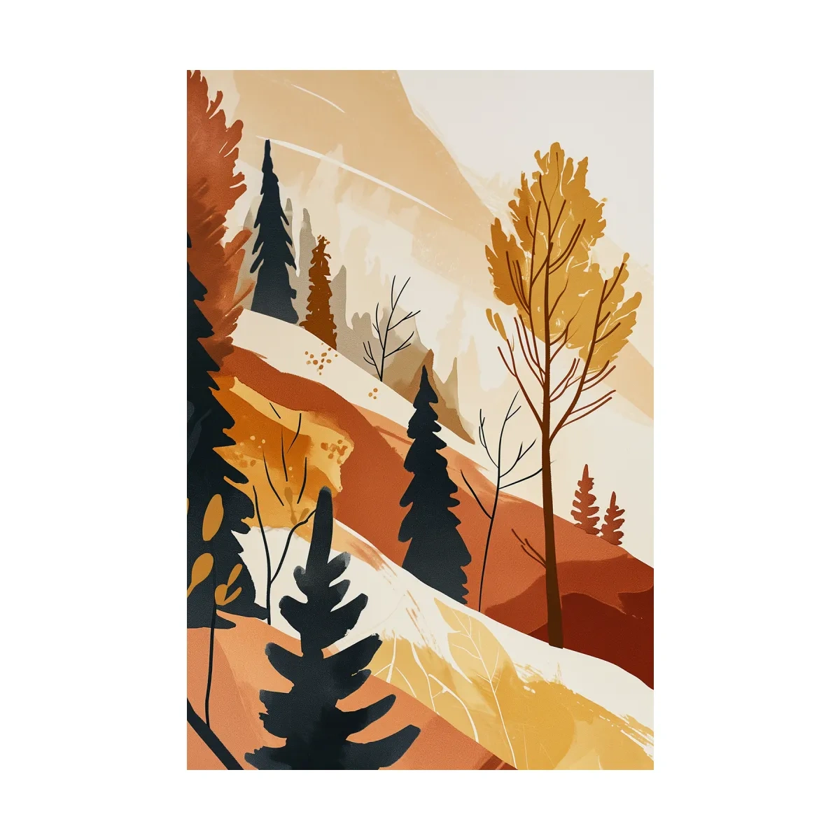 Minimalist Autumn Mountain Forest Landscape - Warm Scandinavian Wall Art