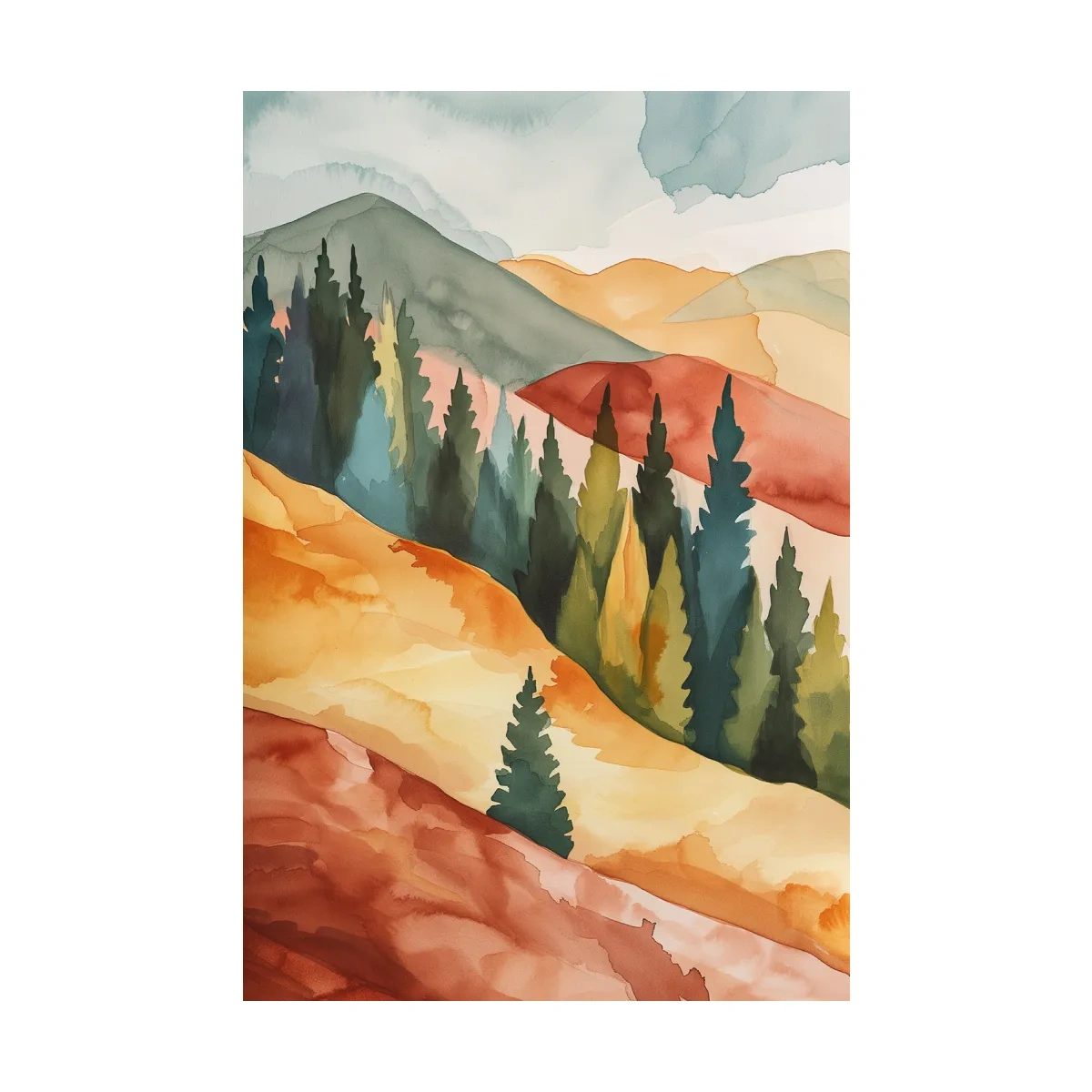 Rustic Autumn Watercolor Mountains & Pine Forest - Serene Abstract Landscape Wall Art