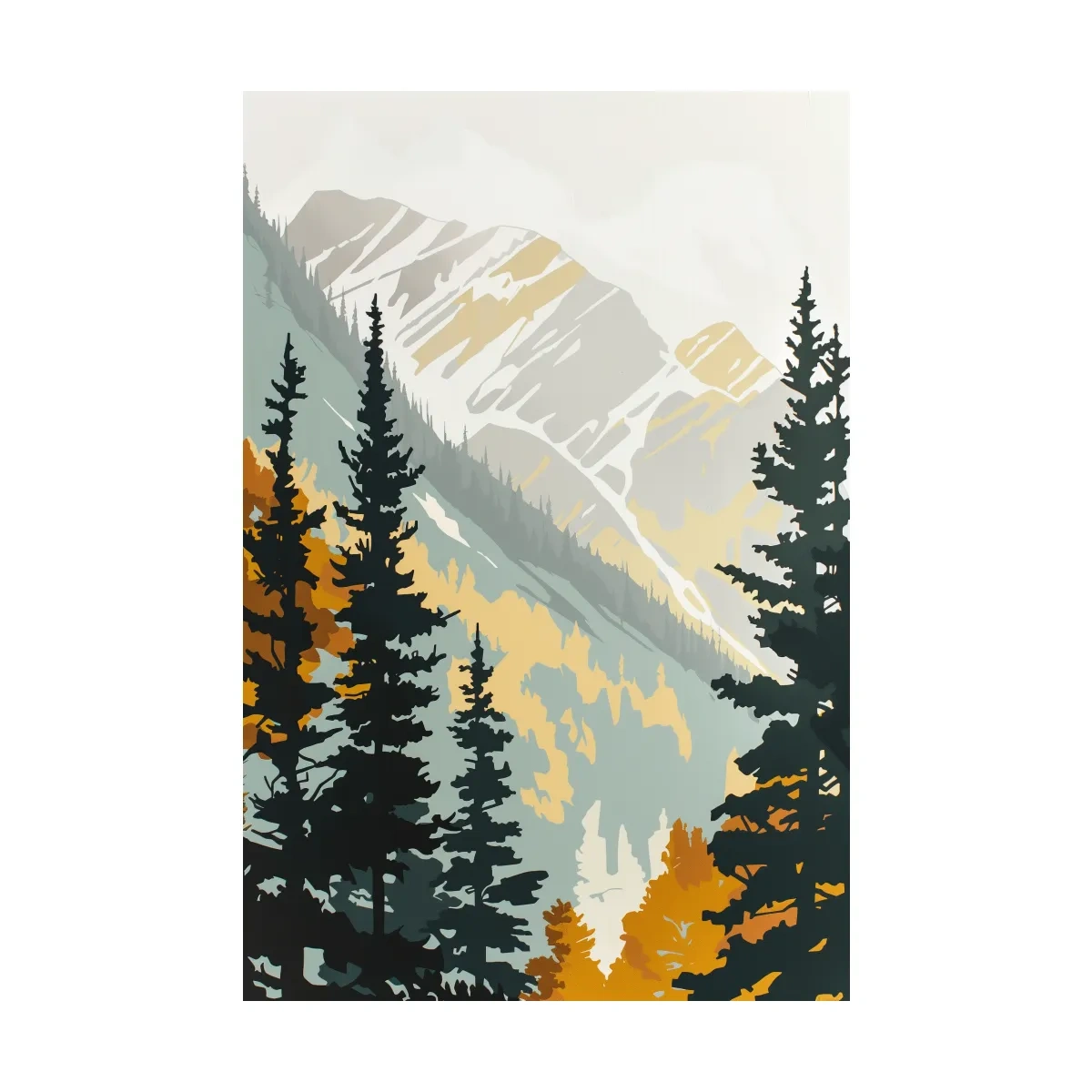 Minimalist Alpine Mountain & Pine Forest - Scandinavian Landscape Wall Art