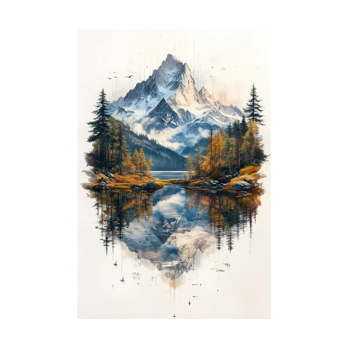 Misty Alpine Mountain Lake Painting - Autumn Pine Forest Tattoo Style Wall Art