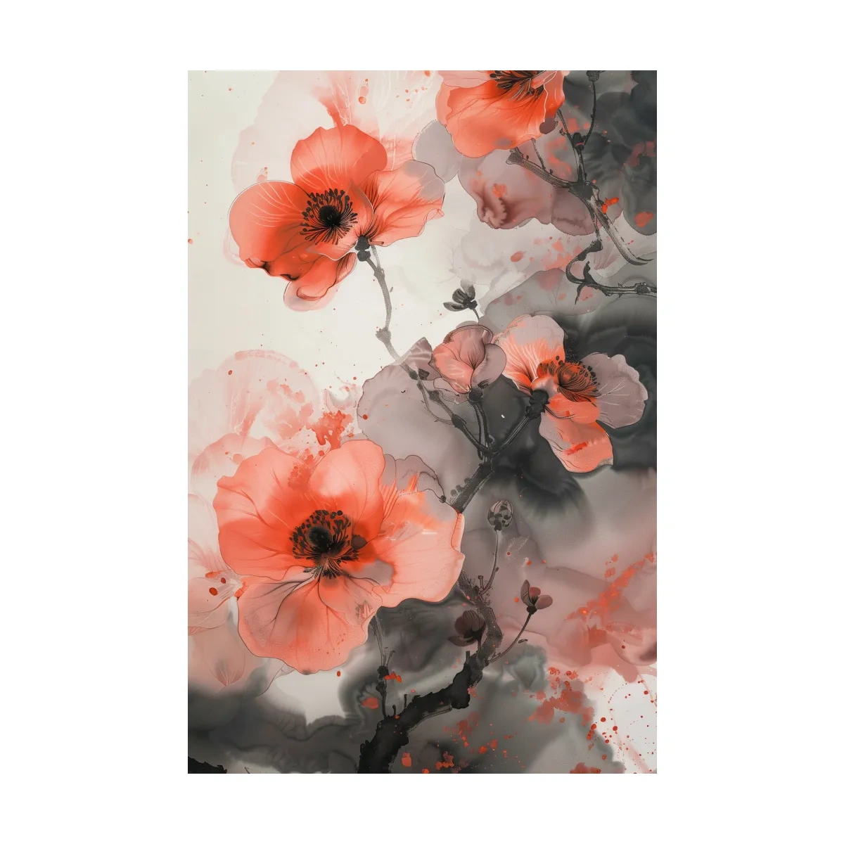 Poppy Blossom Ink Wash Painting - Floral Botanical Watercolor Artwork